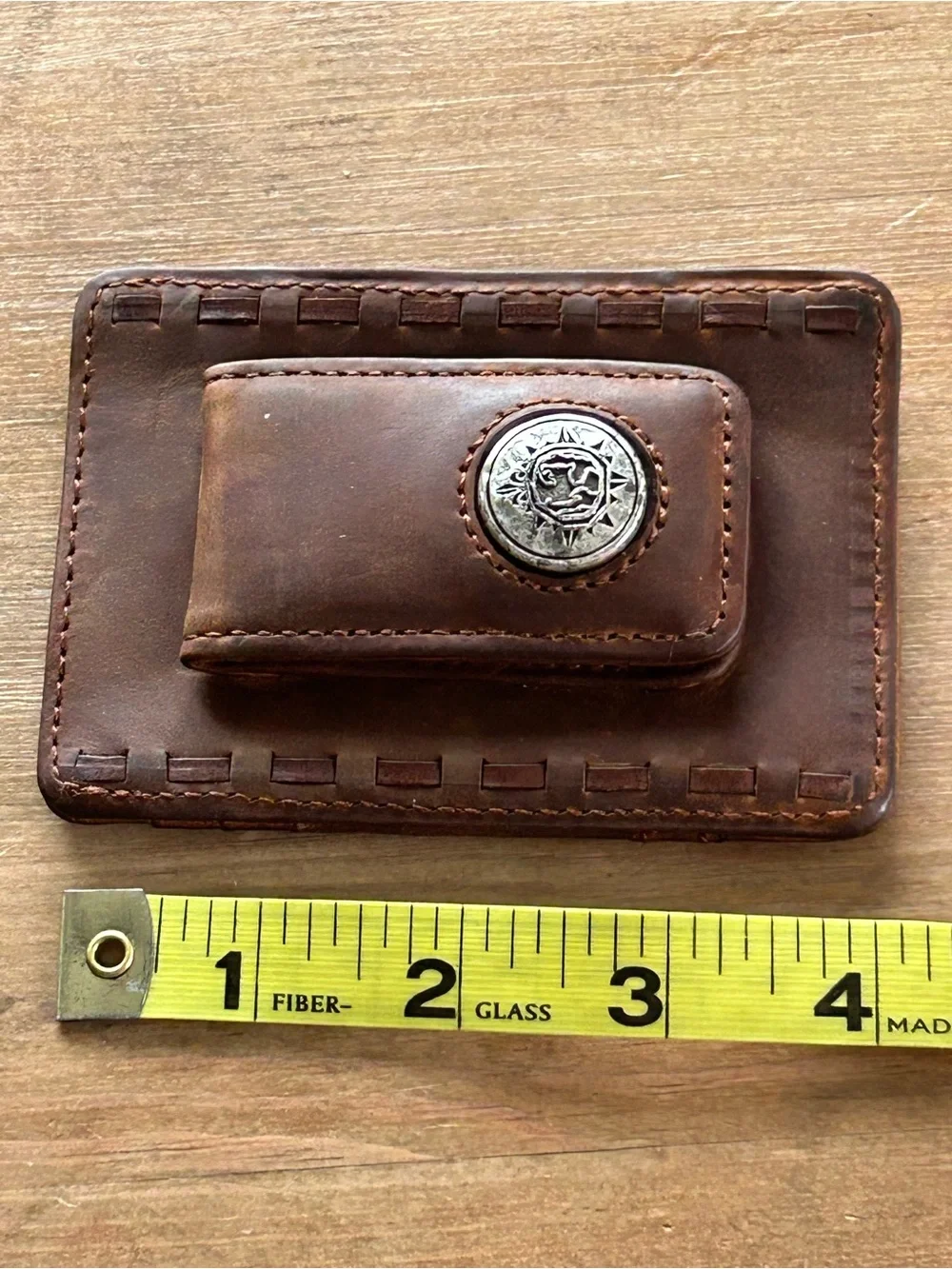 Classic Brown Leather Magnetic Money Clip Card Holder with Silver Concho